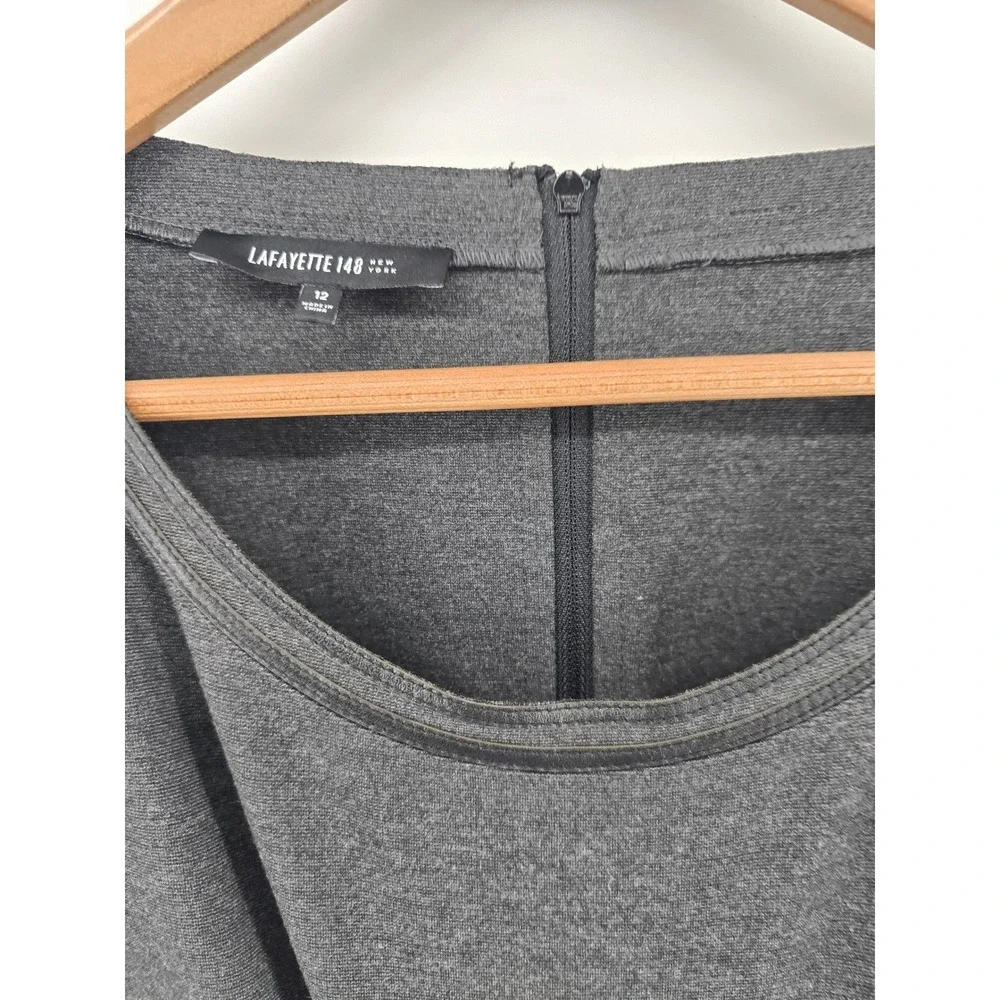Lafayette 148 New York Dress Women 12 Gray Leather Trim 3/4 Sleeve Shift Pockets